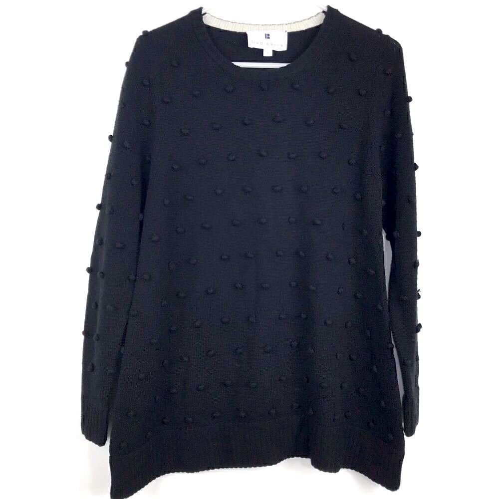 Lisa Perry Black 100% Merino Wool popover crew neck sweater with tiny pompoms